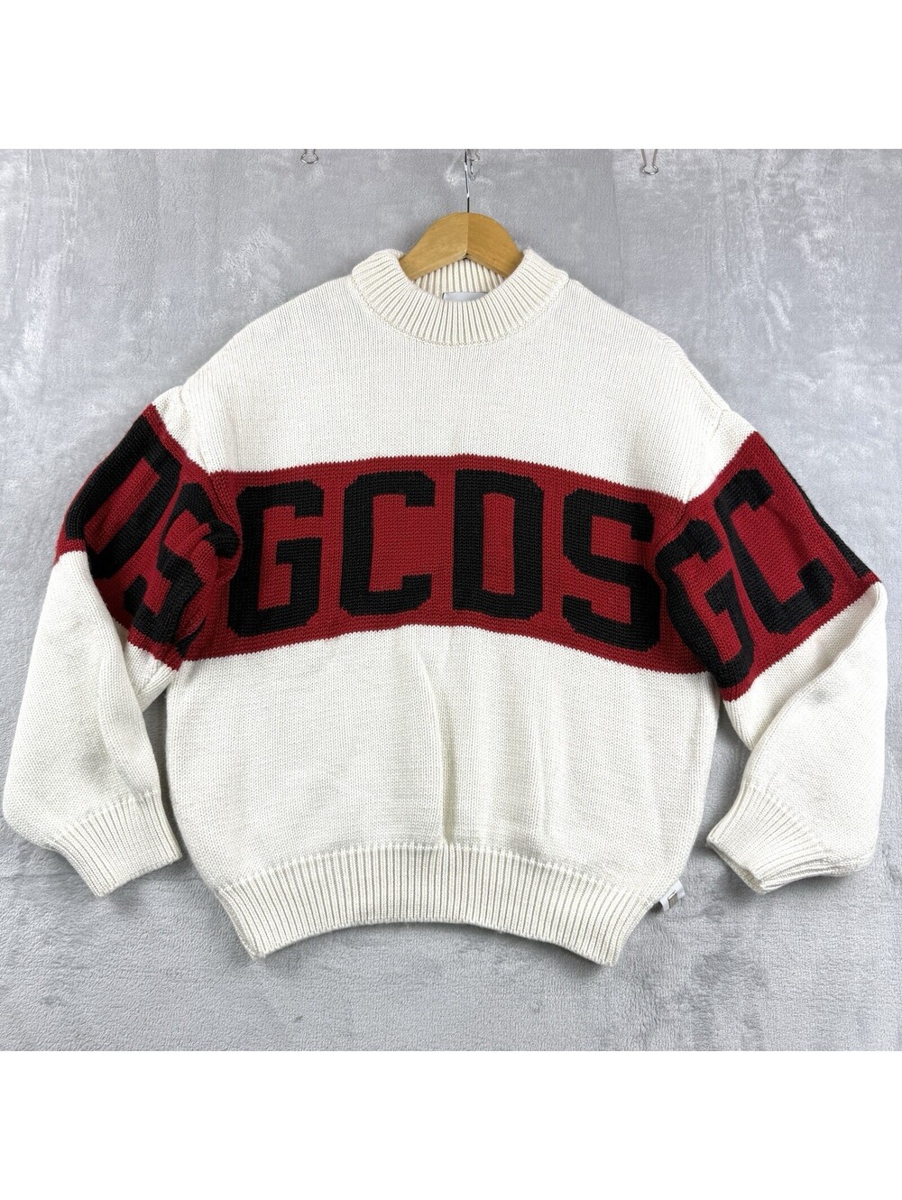 GCDS Logo Sweater Cream Red Black Merino Wool Blend Oversized Knit Pullover XS